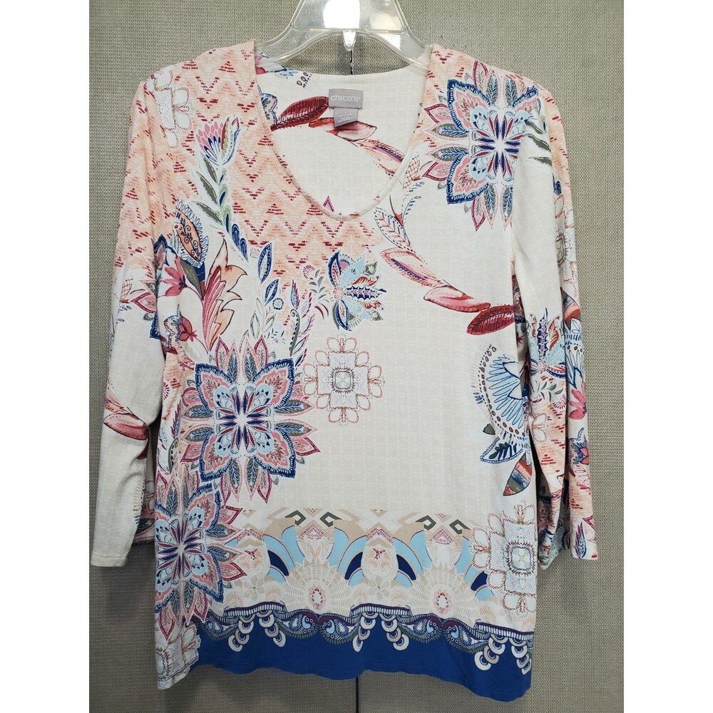 CHICO'S Jersey Knit Floral Border Print V-Neck 3/4 Sleeve Top Size 1 Medium